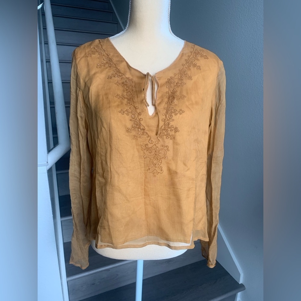 New York City Design Co Embroidered Tie-Neck Blouse in Mustard - Picture 1 of 9